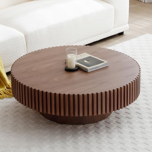 JURMALYN Round Coffee Table for Living Room, Contemporary Circle Wood Coffee Table with Pedestal, Easy Assembly ø35.43'', Walnut | Amazon (US)
