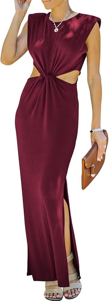 Prinbara Womens Side Cutout Padded Shoulder Summer Long Bodycon Dress Sleeveless Slit Club Party Max | Amazon (US)