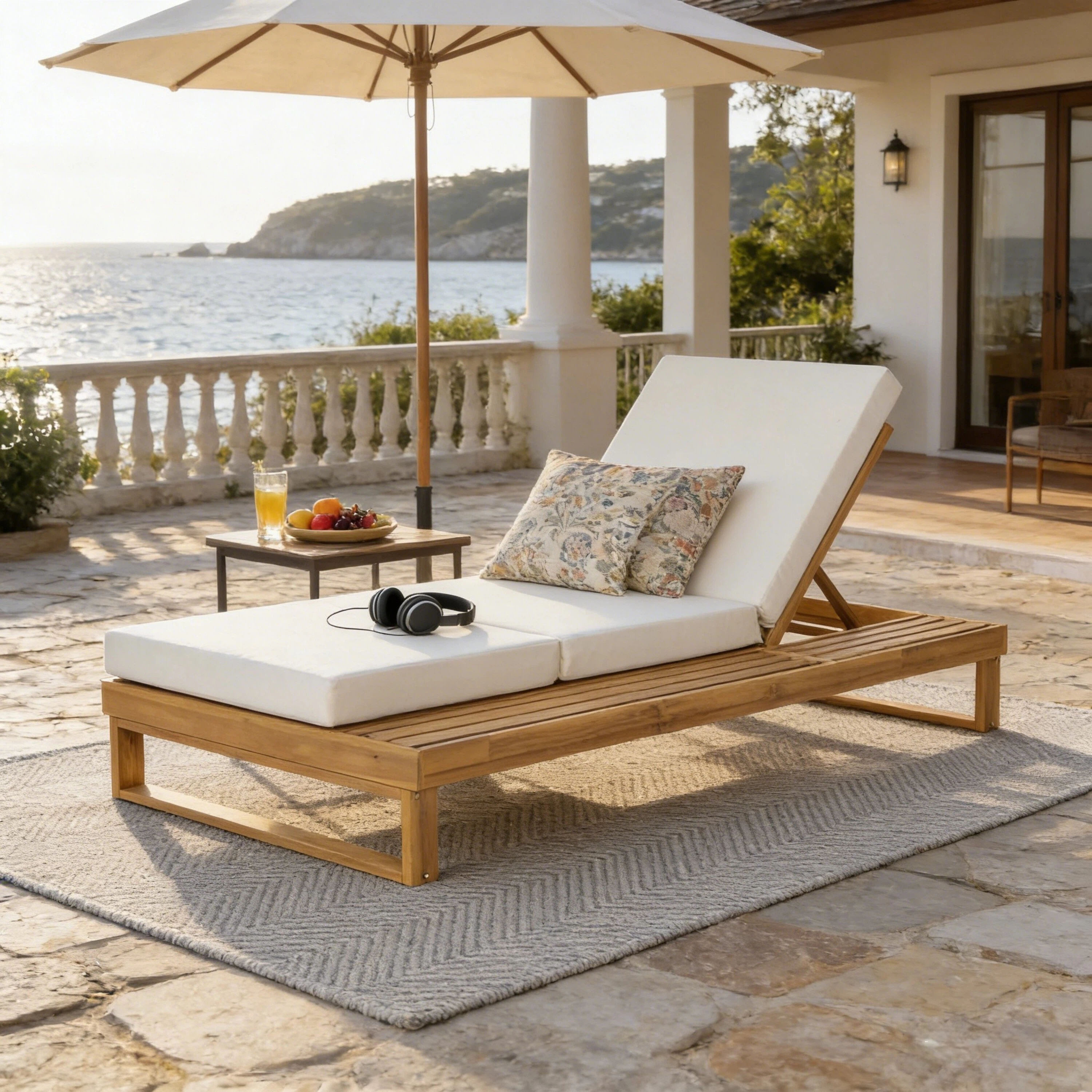 Christopher Knight Home Modern Outdoor Acacia Wood Chaise Lounge with 4-Position Adjustable Backrest and 2-Fold Cushion - Teak Finish+Cream Cushion | Lowe's
