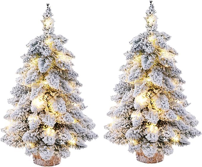 Lrnn 2 Pack Prelit Tabletop Christmas Tree 18 Inch Snow Flocked Artificial Christmas Tree with Li... | Amazon (US)