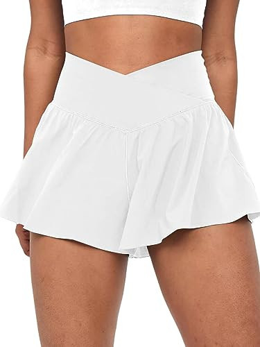 COPYLEAF Crossover Flowy Shorts for Women 2 in 1 Athletic Butterfly Running Shorts Tennis Gym Workout Skort with Pocket (White M) | Amazon (US)