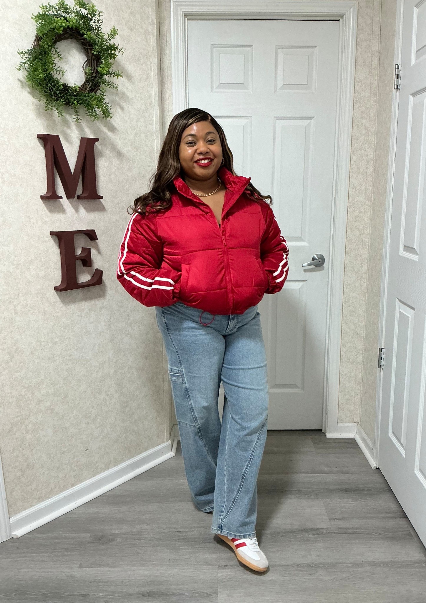 Red bomber jacket and jean from Walmart shoes adidas samba 

#LTKMidsize #LTKdayinmylife #LTKmomlife