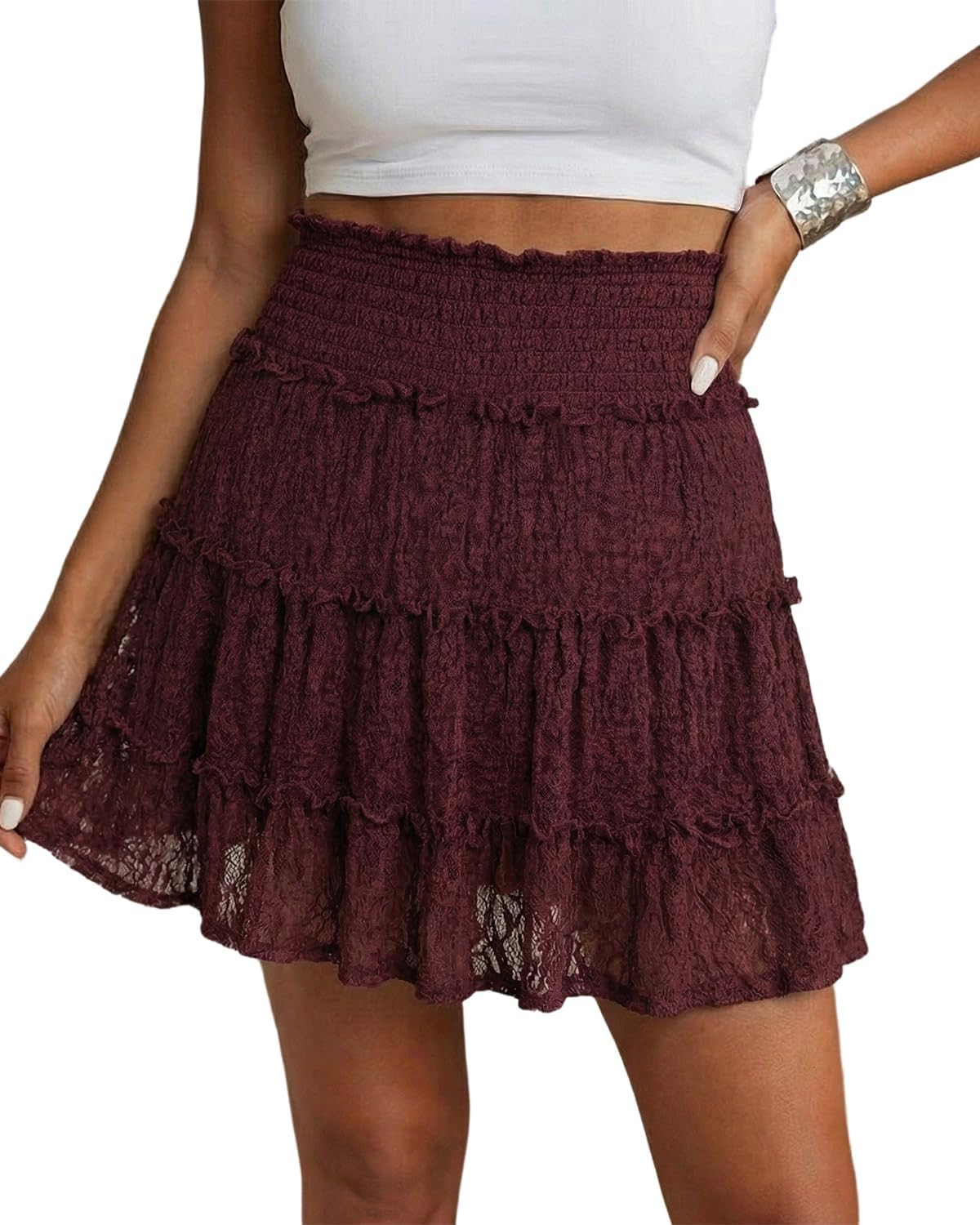 Womens Lace Mini Skirt Skort High Waisted Flowy Skirts with Shorts | Amazon (US)