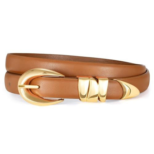 XZQTIVE Women's Skinny Leather Belts Ladies Thin Waist Belts for Jeans Dress Pants Trendy Black Belt with Gold Buckle | Amazon (US)