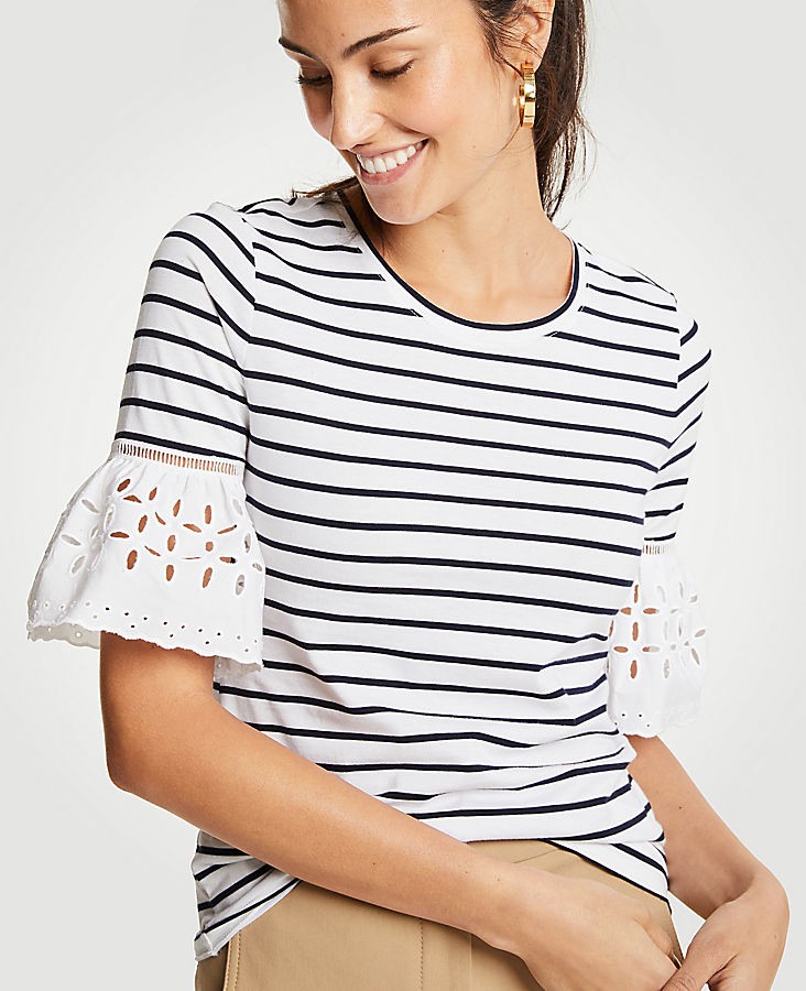Stripe Eyelet Flare Sleeve Top | Ann Taylor (US)