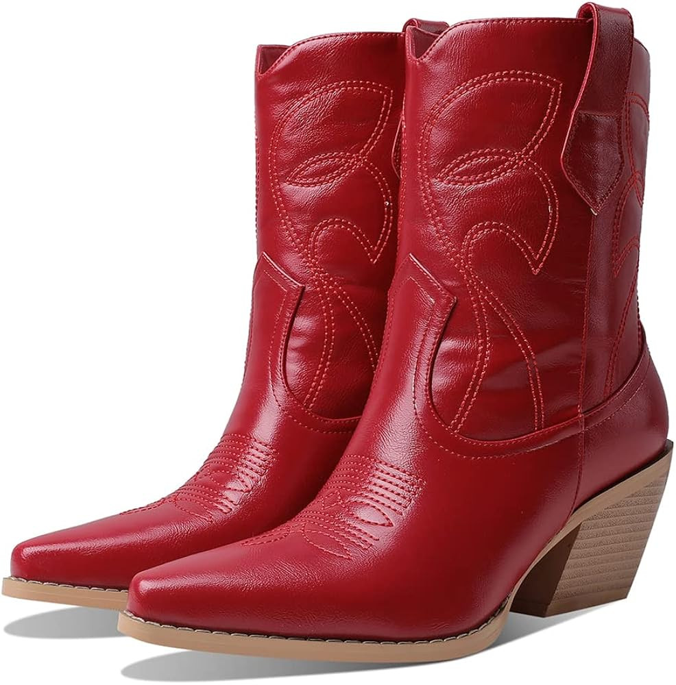 femflame Western Booties for Women Chunky Heel Cowboy Boots Embroidery Pull-on Vintage Cowgirl An... | Amazon (US)