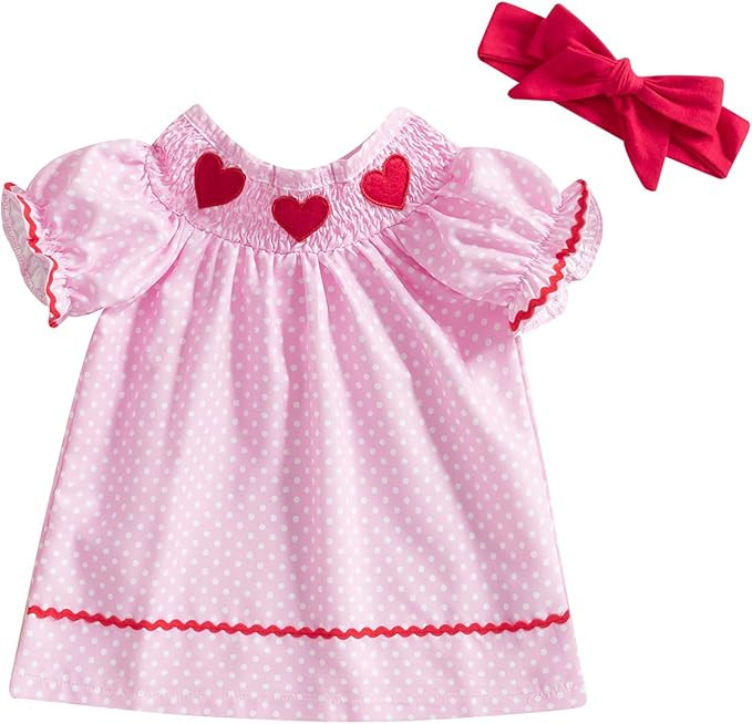Toddler Valentines Day Outfit Hearts Bunny Short Sleeve Dresses + Headband Smocked Baby Girl Clot... | Amazon (US)