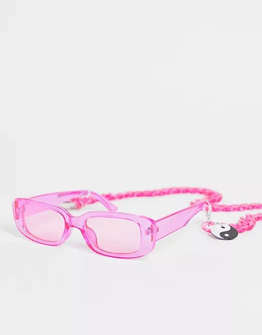 Public Desire square sunglasses with multi charm detachable chain in neon pink | ASOS (Global)