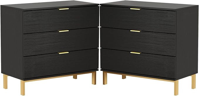 DiDuGo Black and Gold Nightstands Set of 2 Bedside Table 3 Drawer Dresser, Large Nightstand with ... | Amazon (US)