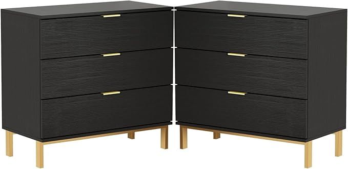 DiDuGo Black and Gold Nightstands Set of 2 Bedside Table 3 Drawer Dresser, Large Nightstand with ... | Amazon (US)