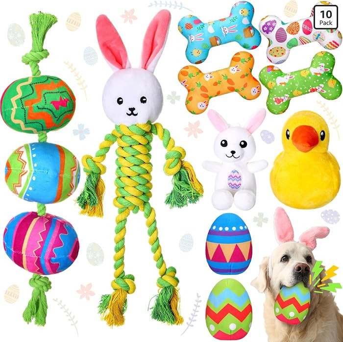 10 Pcs Easter Dog Toys with Squeaker, Includes 4 Plush Bone 2 Rope Toys for Dogs 2 Easter Egg 1 P... | Amazon (US)