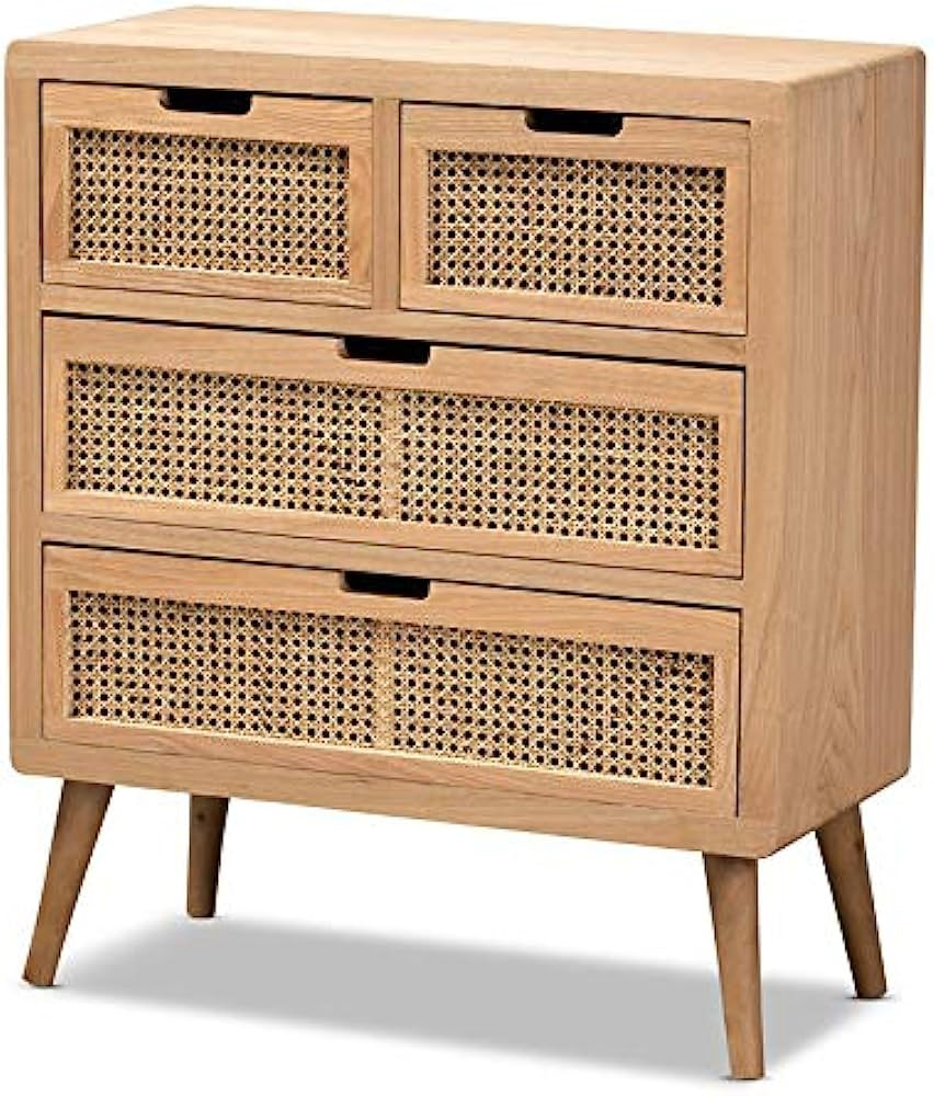 BOWERY HILL Medium Oak Finished Wood and Rattan 4-Drawer Accent Chest | Amazon (US)