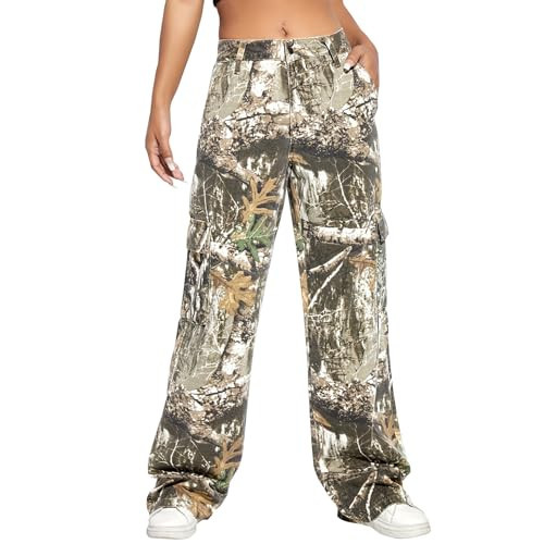 LBDLONGBIDA Womens Camo Cargo Pants Y2K Wide Leg Baggy Streetwear Boyfriend Army Cargo Sweatpants with Flap Pockets(Camouflage,XXL) | Amazon (US)