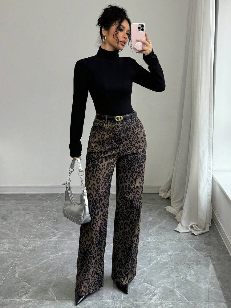 Arlisse Leopard Print Straight Leg Casual High Wist Loose Wide Leg Cargo Pants | SHEIN