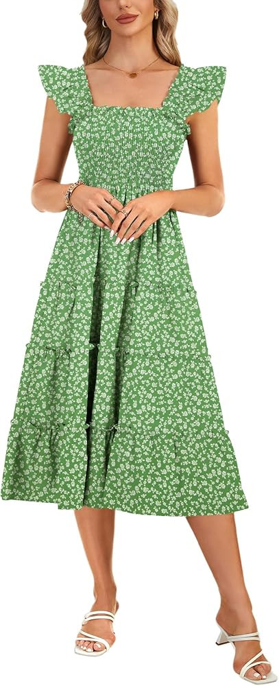 Rooscier Women's Smocked A Line Dress Square Neck Ruffle Sleeveless Tiered Midi Sundress | Amazon (US)