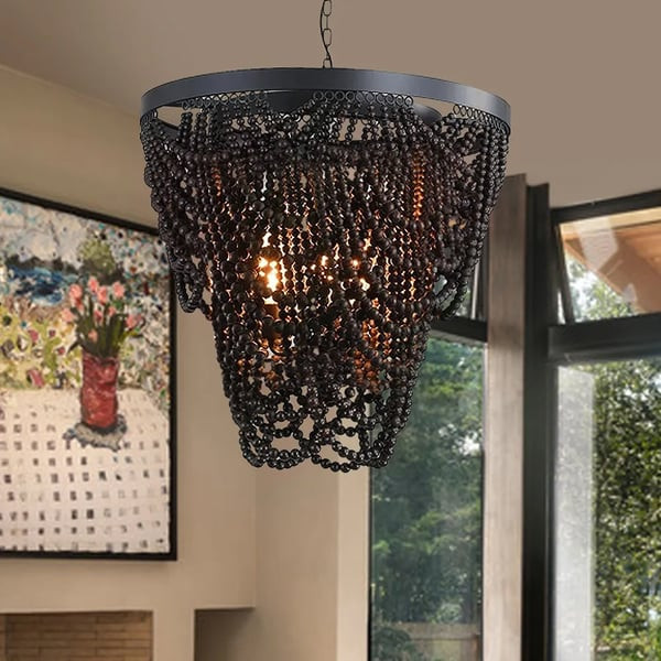 Boho Wooden Bead Chandelier Cascade 3-Light Pendant Light in Matte Black | Homary