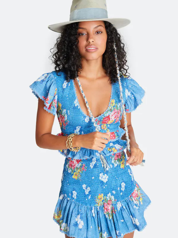 LOVESHACKFANCY Sonora V-Neck Flutter Sleeve Mini Dress - Blue - M | Verishop