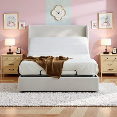 Queen Upholstered Wingback Bed With Adjustable Base Bundle Chenille Fabric Independent Head Foot Incline Massage Smart Controls | Wayfair North America