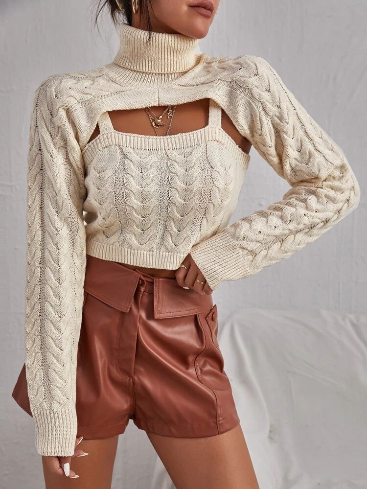 Cable Knit Cami Top & Turtle Neck Super Crop Sweater | SHEIN