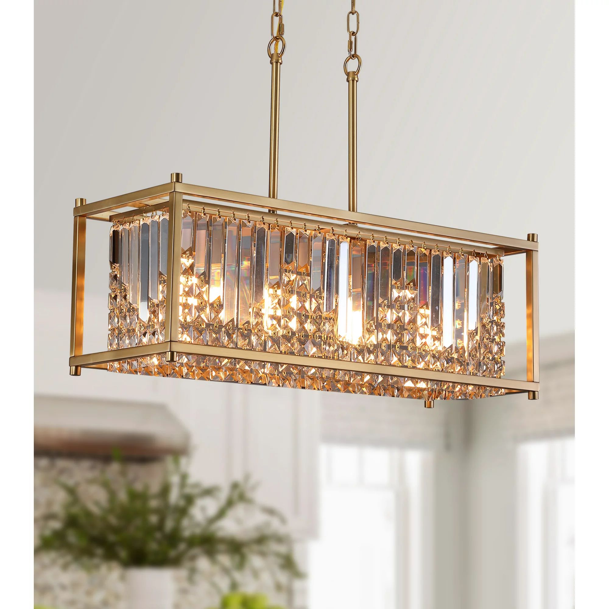 Q&S 4 Lights Gold Modern Chandelier,Antique Brass Rectangle Crystal Chandeliers for Dining Room,I... | Walmart (US)