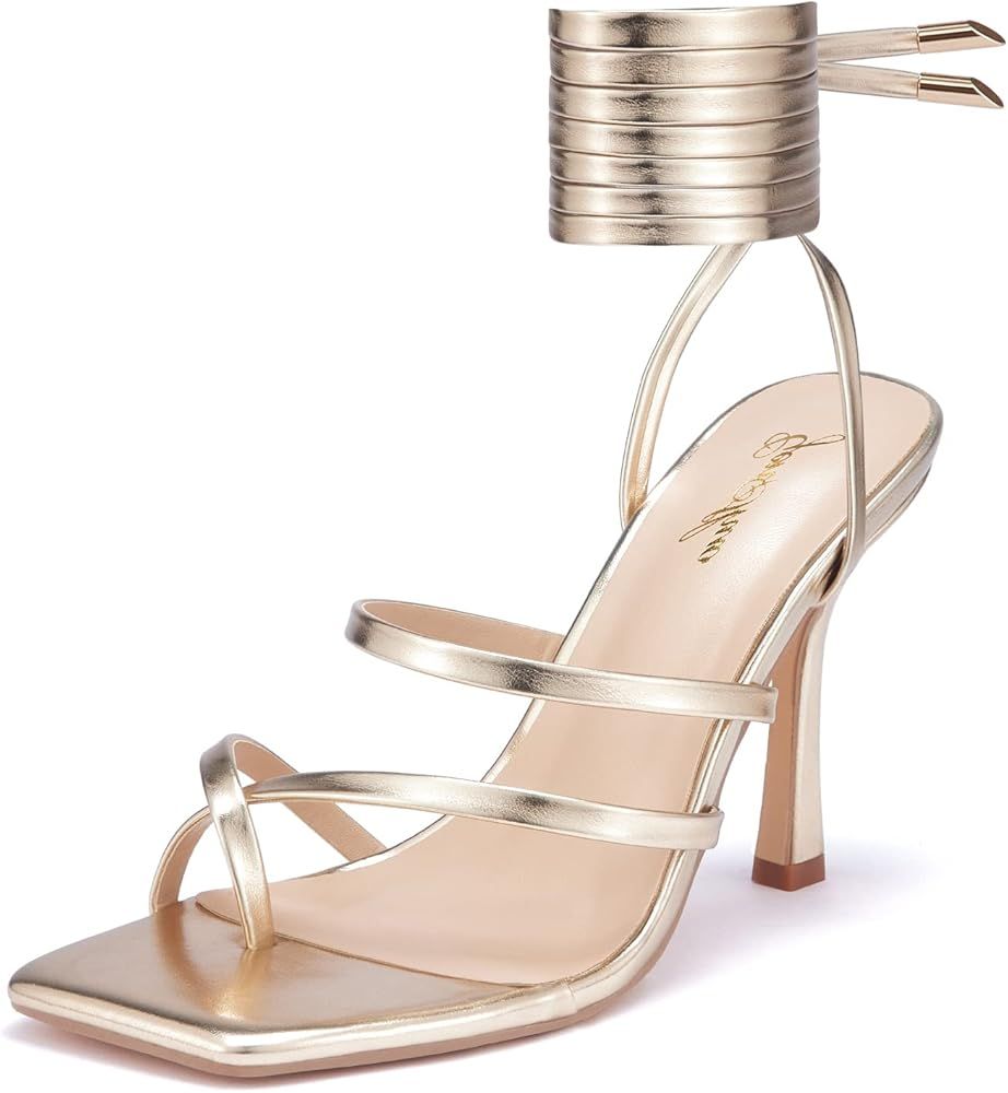 Women's heeled Sandals Stiletto Strappy Heels Sexy Open Square Toe Lace up Stilettos Party Weddin... | Amazon (US)