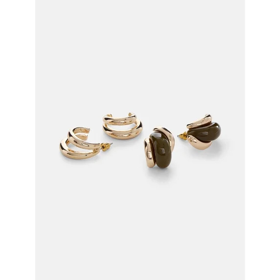 Scenario Women's Gold-Tone Acrylic Green Curved and Double Hoop Earrings Set, 2-Pair | Walmart (US)