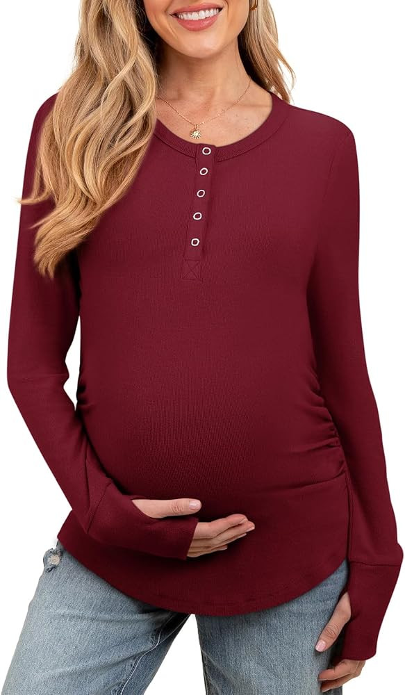 Women's Maternity Shirts Casual Long Sleeve Round Neck Button Side Ruched Pregnancy Clothes S-XXL | Amazon (US)