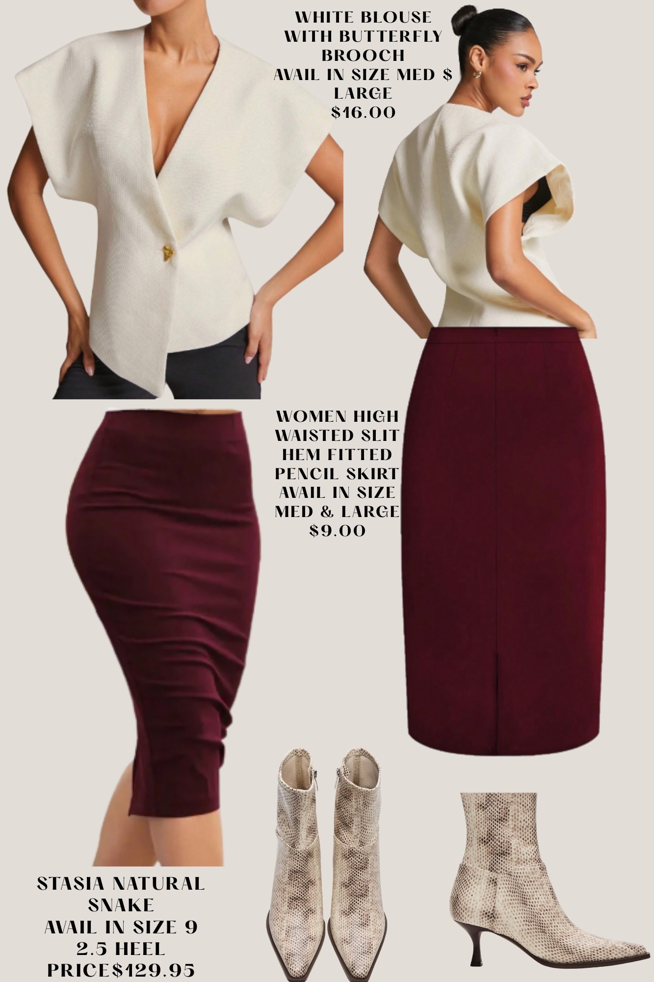 Cute fall outfit with a white butterfly brooch, fitted maroon pencil skirt, to compliment the snake boots! 🔥