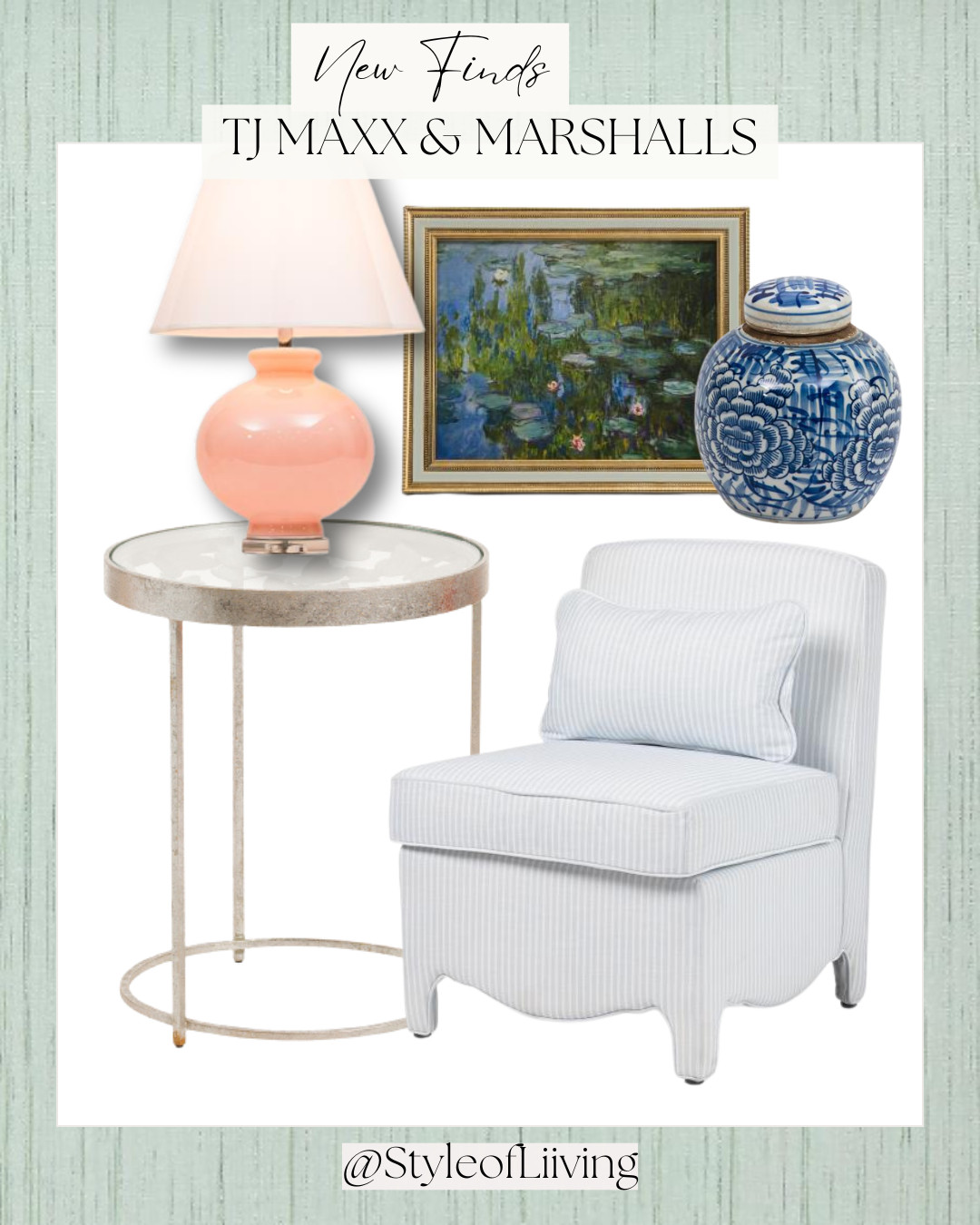 New finds at TJ Maxx and Marshalls! Furniture, lighting, home decor, and wall art. #chairs #sidetable #accenttable #tablelamp #gingerjar #framedart #painting #marshalls #tjmaxx  

 #LTKSeasonal #LTKHome #LTKSaleAlert