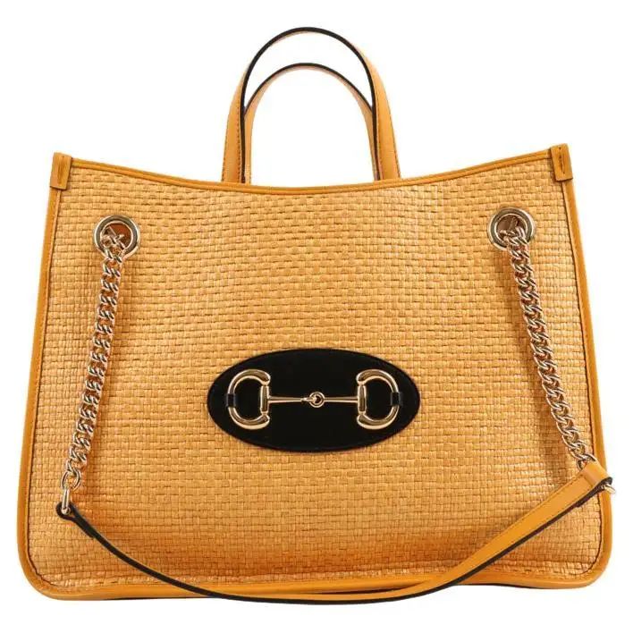 WOMENS DESIGNER Gucci Horsebit Raffia Tote Bag Yellow | 1stDibs