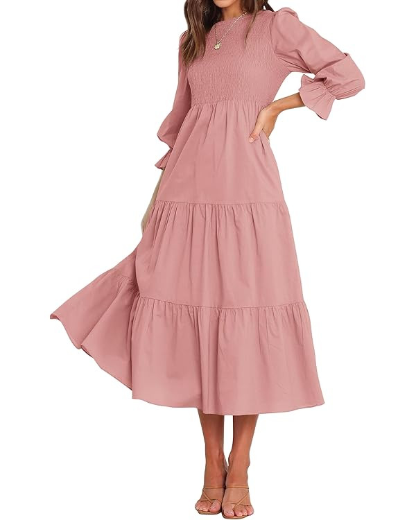 BTFBM Women Casual Long Sleeve Crew Neck Fall Dress Bohemian Relaxed Fit Floral Flowy Maxi Dresse... | Amazon (US)