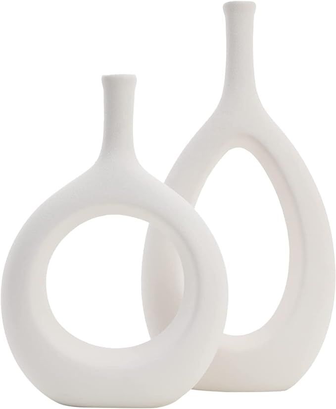 Houseables White Ceramic Vases, Modern Vase Pair, 12" x 6.3" Large, 9" x 6.7" Small, Matte, Geome... | Amazon (US)