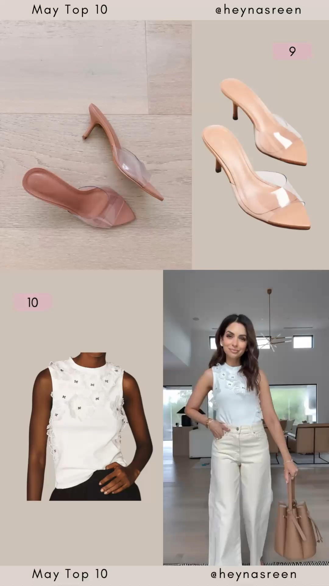 May Top 10:
#9: Anthropologie clear heels, these are a great wardrobe staple bc they go with everything!
#10: Anthropologie floral tank top, a cute twist to a basic white tank.