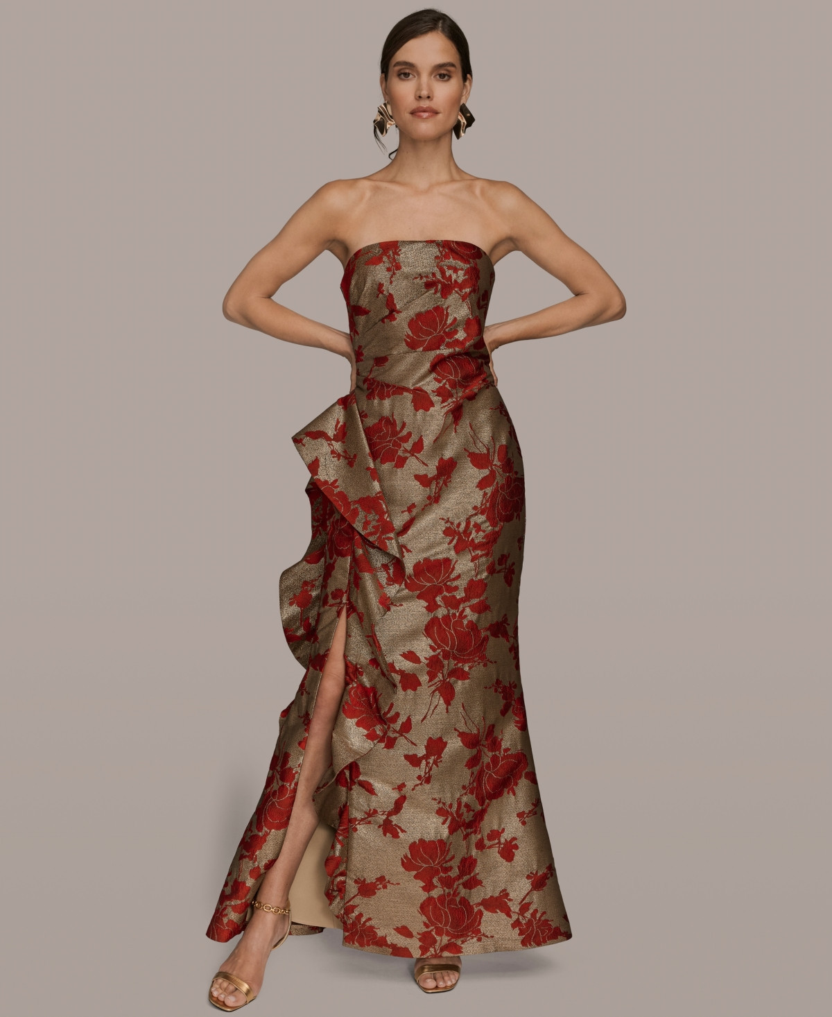 Donna Karan New York Women's Strapless Floral Gathered Ruffled Gown with Split Hem Dress - Gold/Autumn Red | Macy's