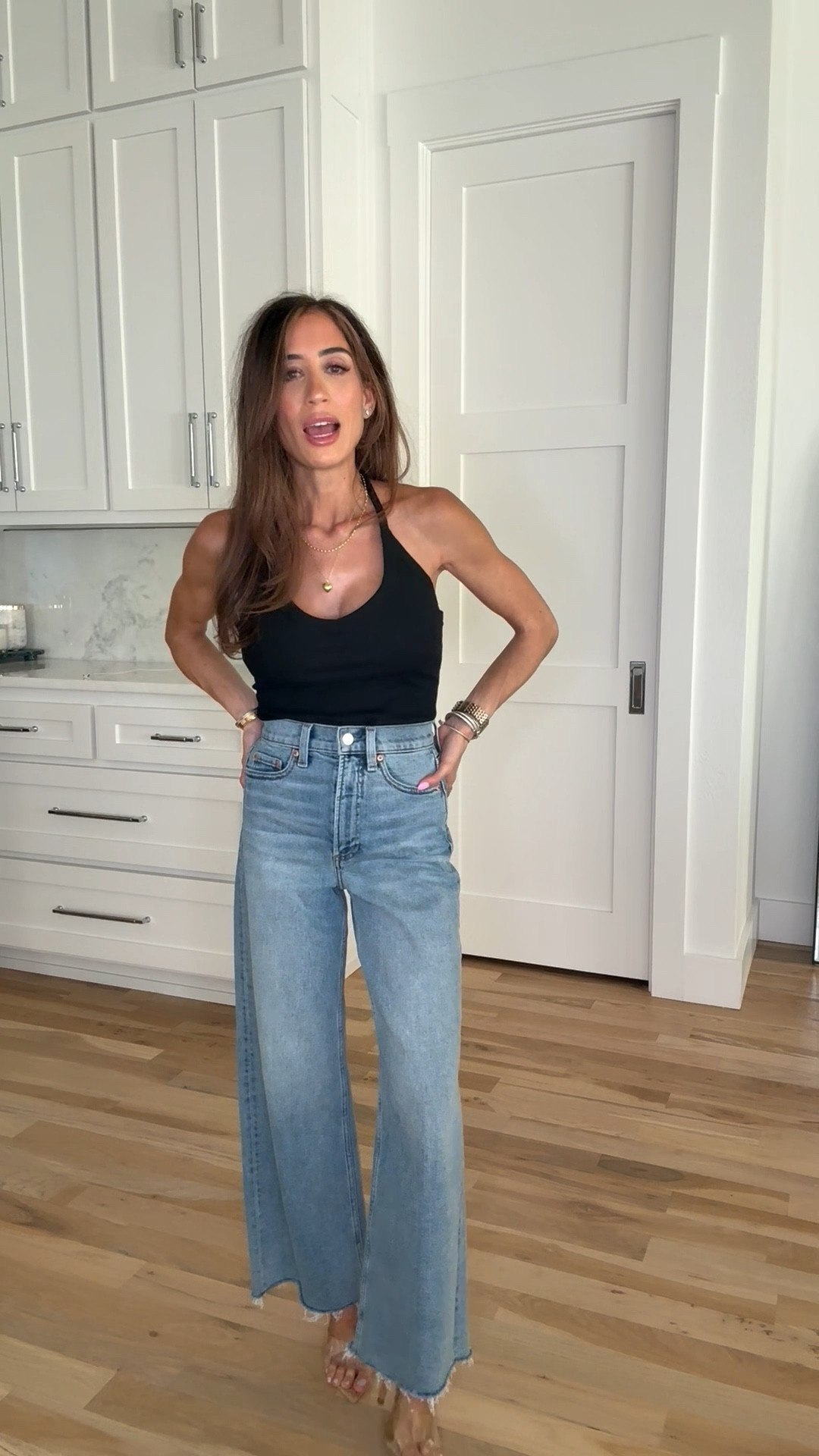 Cropped wide leg jeans that are petite friendly and can be cut! So stretchy and comfy size 23 ribbed halter tank size xs clear heels spring outfit 

#LTKSaleAlert #LTKPetite #LTKootd