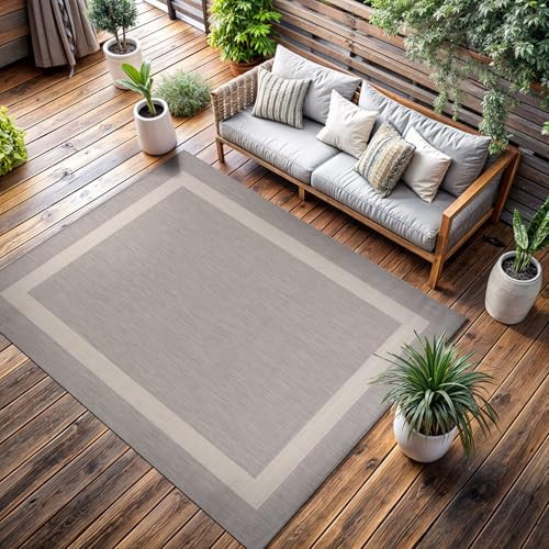 CAMILSON Outdoor Rug 6x9,Modern Outside Rugs for Patios Porches Waterproof Durable Washable Non-Shedding, Easy-to-Clean Indoor Outdoor Area Carpet (6 x 9, Bordered - Gray/White) | Amazon (US)