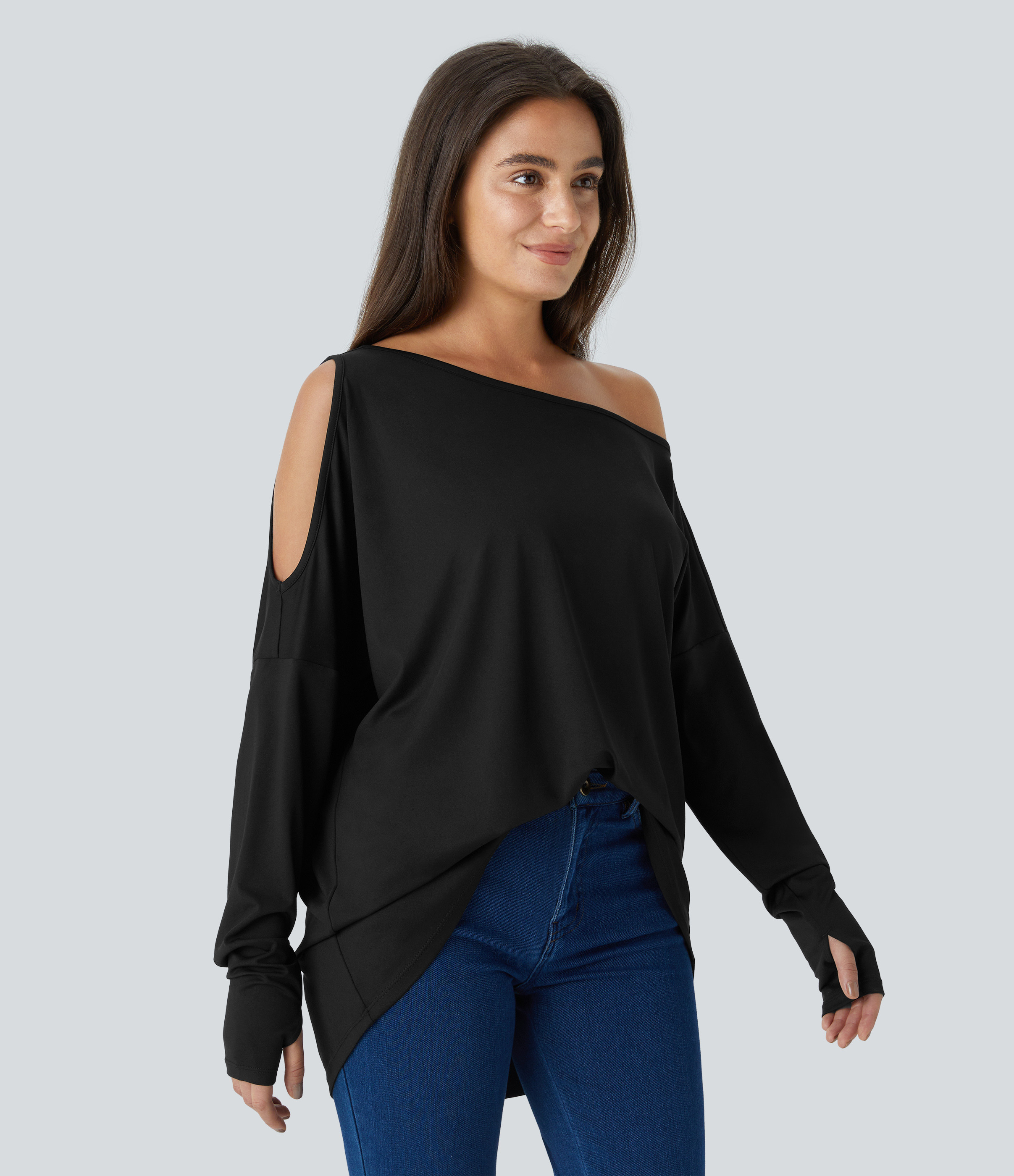 Halara Cut Out Oblique Shoulder Thumb Hole High Low Oversize Casual Top Tank Top - Black - M golf tops halter top tunic tops sleeveless tops | HALARA