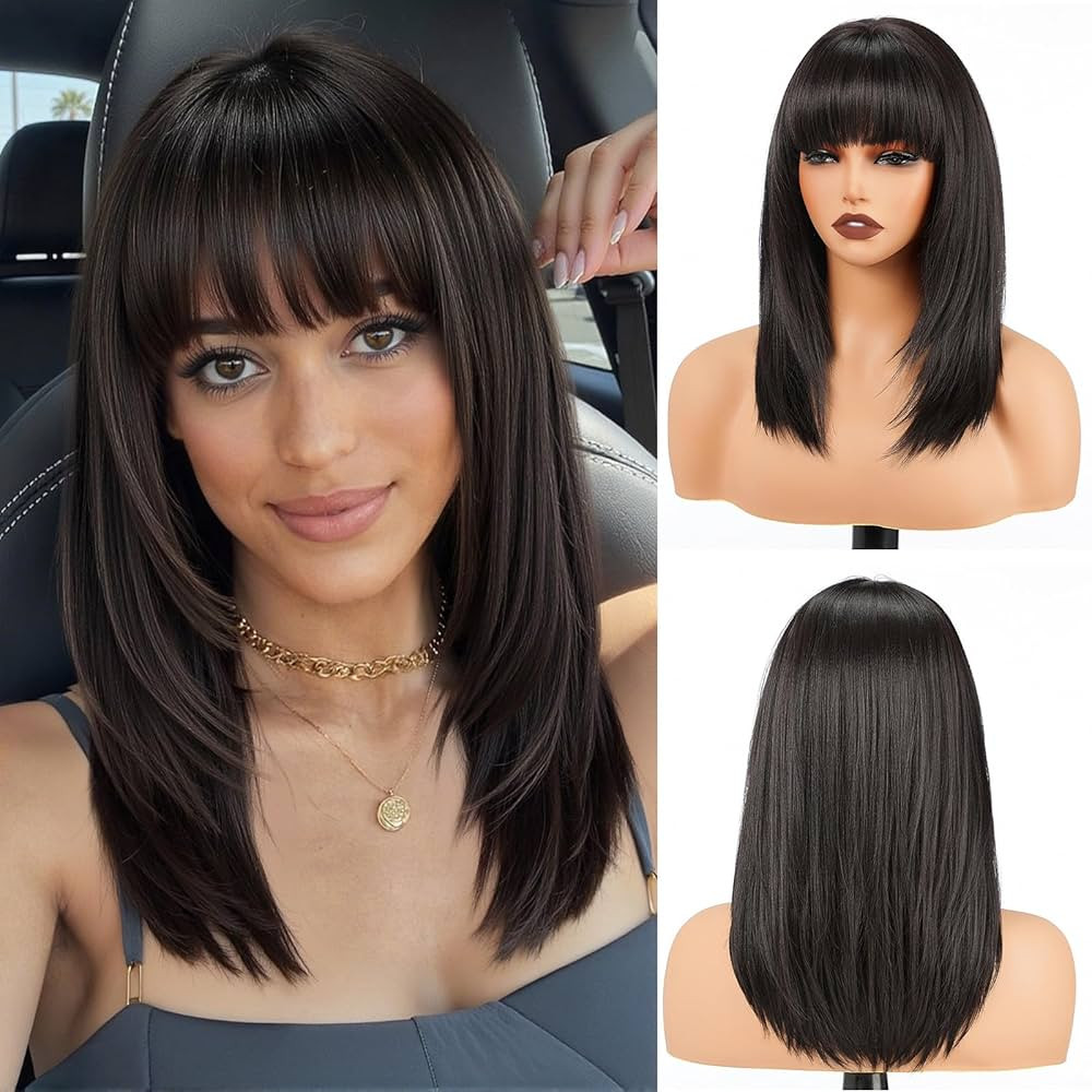 topshe Natural Black Wig with Bangs Straight Layered Wigs for Women Heat Resistant Synthetic Wig ... | Amazon (US)