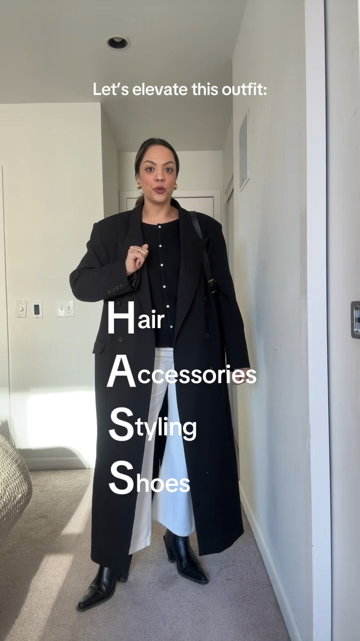 Let’s elevate this outfit with HASS! 

-White barrel jeans, similar linked. 
-Sézane black cardigan, I have a large. 
-Black long coat, similar linked. 
-Black ankle boots, similar linked. 
-Madewell black leather bucket bag. 
-Demellier burgundy suede tote bag. 
-Celine Triomphe black rounded sunglasses. 
-Quince silver studded belt. 
-White T-shirt. 



#LTKstyletip #LTKwinter #LTKcanada