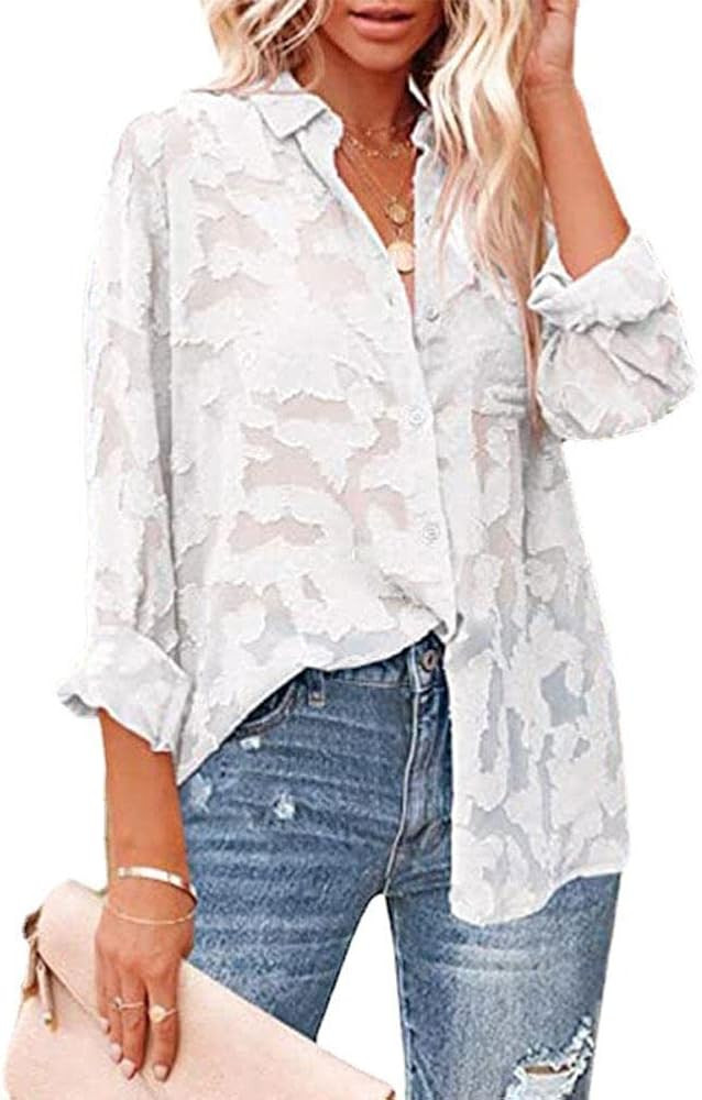 Women's Long Sleeve Chiffon Blouse Button Down V-Neck Shirt Hollow Out Casual Loose Tops | Amazon (US)