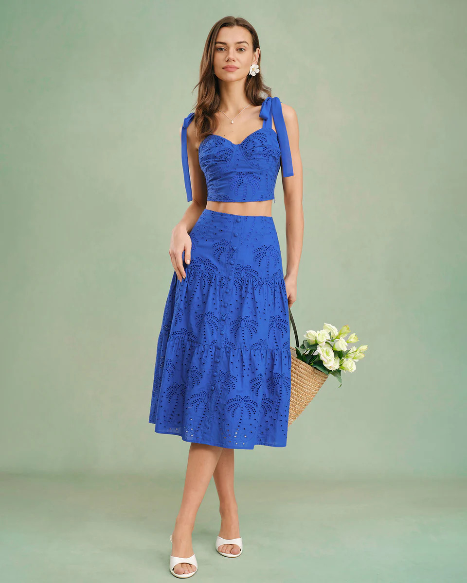 Blue Embroidery Midi Skirt | rihoas.com