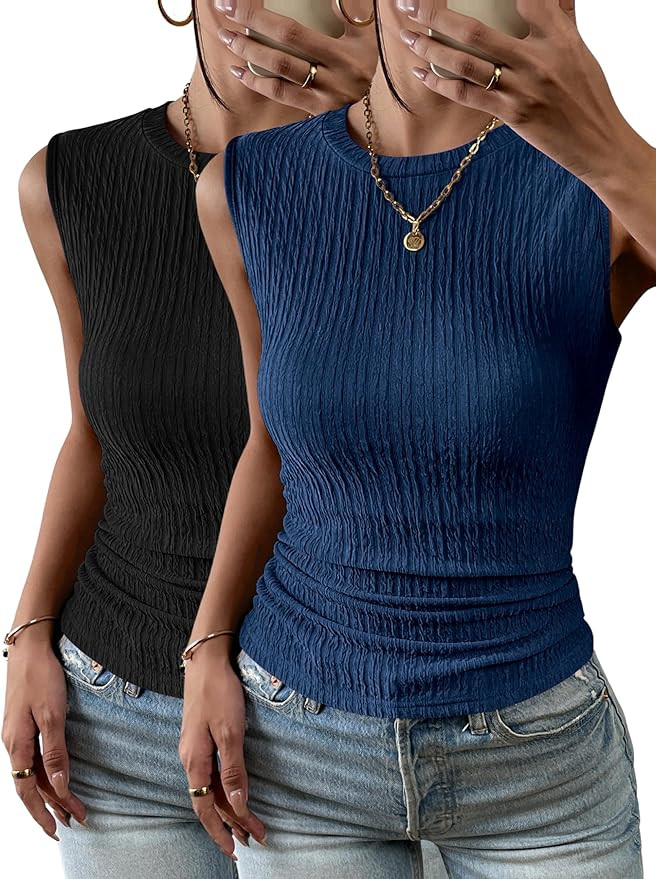 Zeagoo Women's High Neck Tank Top 2026 Summer Casual Ribbed Knit Slim Fitted Basic Textured Sleev... | Amazon (US)