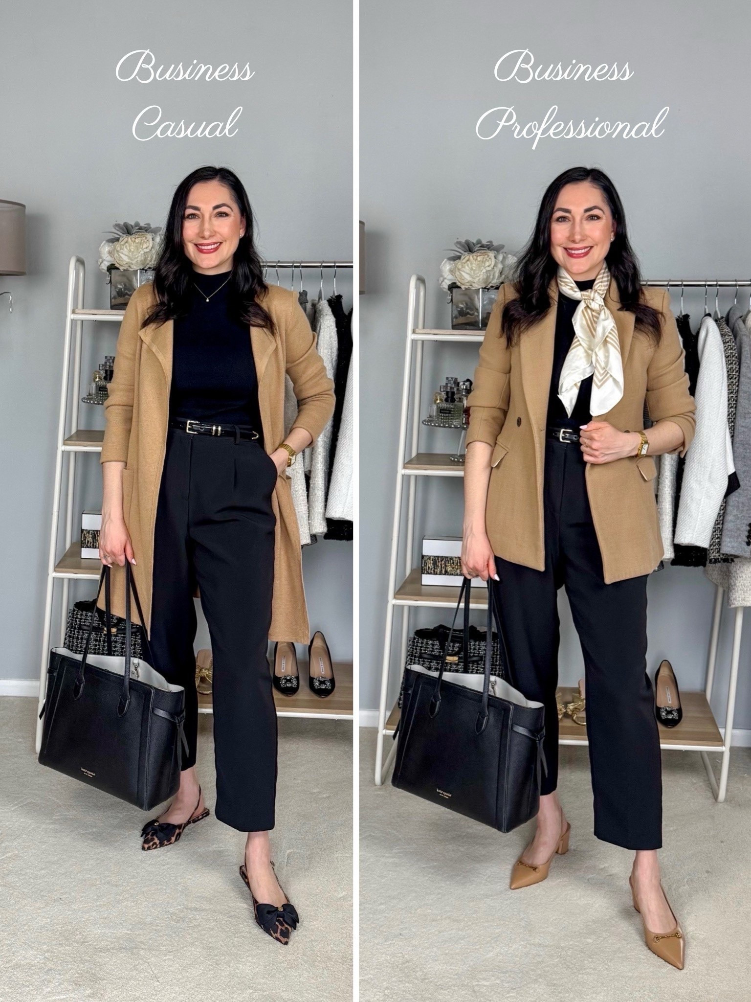 Business Casual vs Business Professional 🖤🤎

1 outfit base and 2 work dress codes 

Tan long cardigan 
Tab blazer 
Black sweater shell 
Black pants 
Leopard pointe toe flats 
Tan block heel sling backs 
Black tote bag 

Work wear 
Office outfits 
Work outfits 
Office style 

#LTKSaleAlert #LTKWorkwear #LTKSeasonal