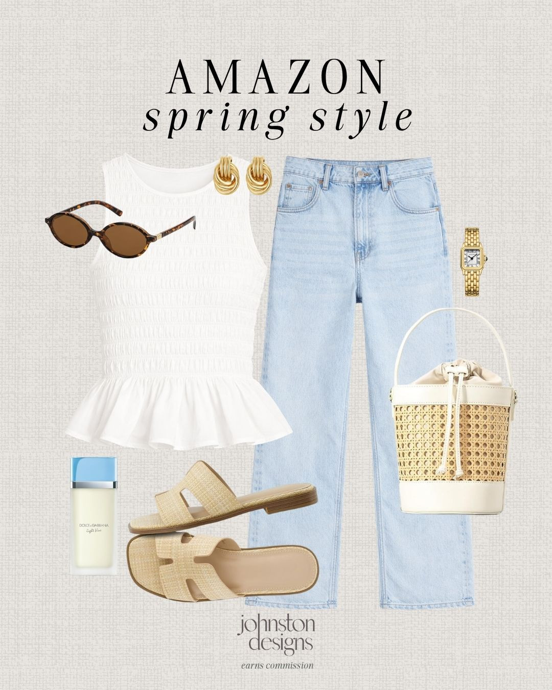 Amazon spring style. 🤍 Effortless, neutral pieces you can mix and match all season. 

Amazon spring style, outfit inspo, neutral outfit, light wash denim, peplum top, casual chic, everyday outfit, warm weather style, capsule closet, minimal wardrobe, woven bag, raffia sandals, gold jewelry, classic watch, tortoise sunglasses, fresh looks, simple outfits, elevated basics, weekend wear, effortless fashion, outfit inspo. 

 #LTKootd #LTKSeasonal