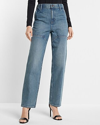 Super High Waisted Medium Wash Utility Modern Straight Jeans | Express