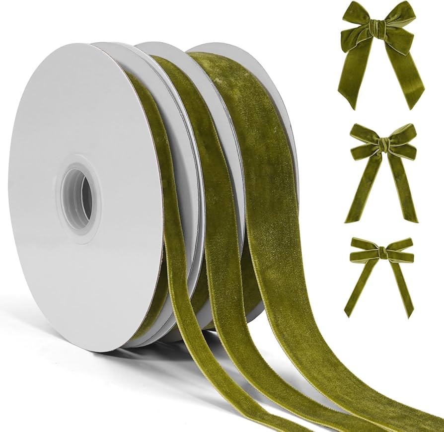 Olive Green Velvet Ribbon for Gift Wrapping, 3 Rolls Vintage Thin Velvet Ribbon Set for Christmas... | Amazon (US)