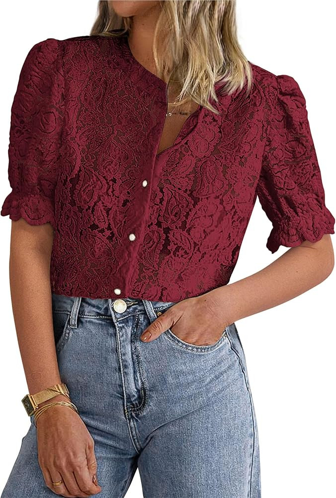 PRETTYGARDEN Womens 2025 Spring Lace Tops Short Puff Sleeve Casual Dressy Blouses Eyelet Crew Nec... | Amazon (US)