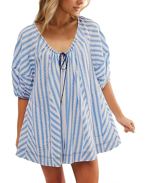MISSACTIVER Summer Striped Mini Dress for Women Loose Puff Sleeve Drawstring Neck Swing Beach Sho... | Amazon (US)