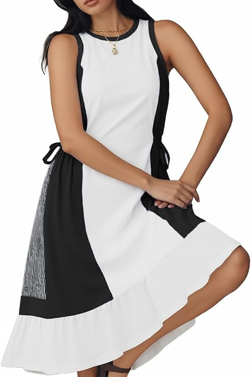 AOVDE Striped Women Dress Color Block Sleeveless Flowing Summer Drawstring Midi Knee Length Dress... | Amazon (US)