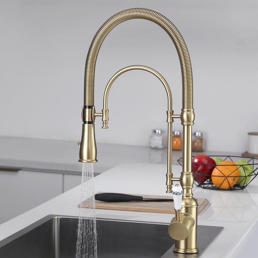 Brushed Gold High Arc Kitchen Faucet Dual-Mode Pull-Down Sprayer Solid Brass Porcelain Handle Kitchen Sink Faucet | Homary